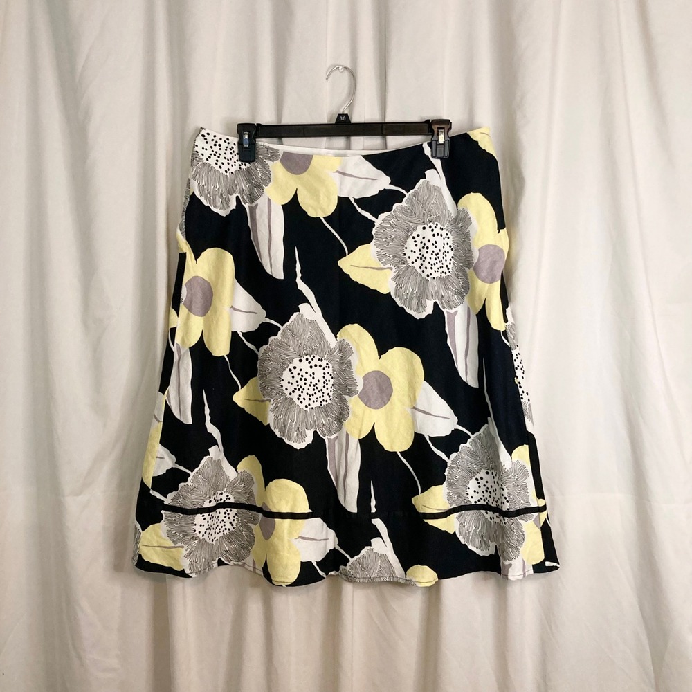 Vintage 90s Linen Blend Floral Midi Skirt Black Yellow Plus Size 18W Whimsigoth